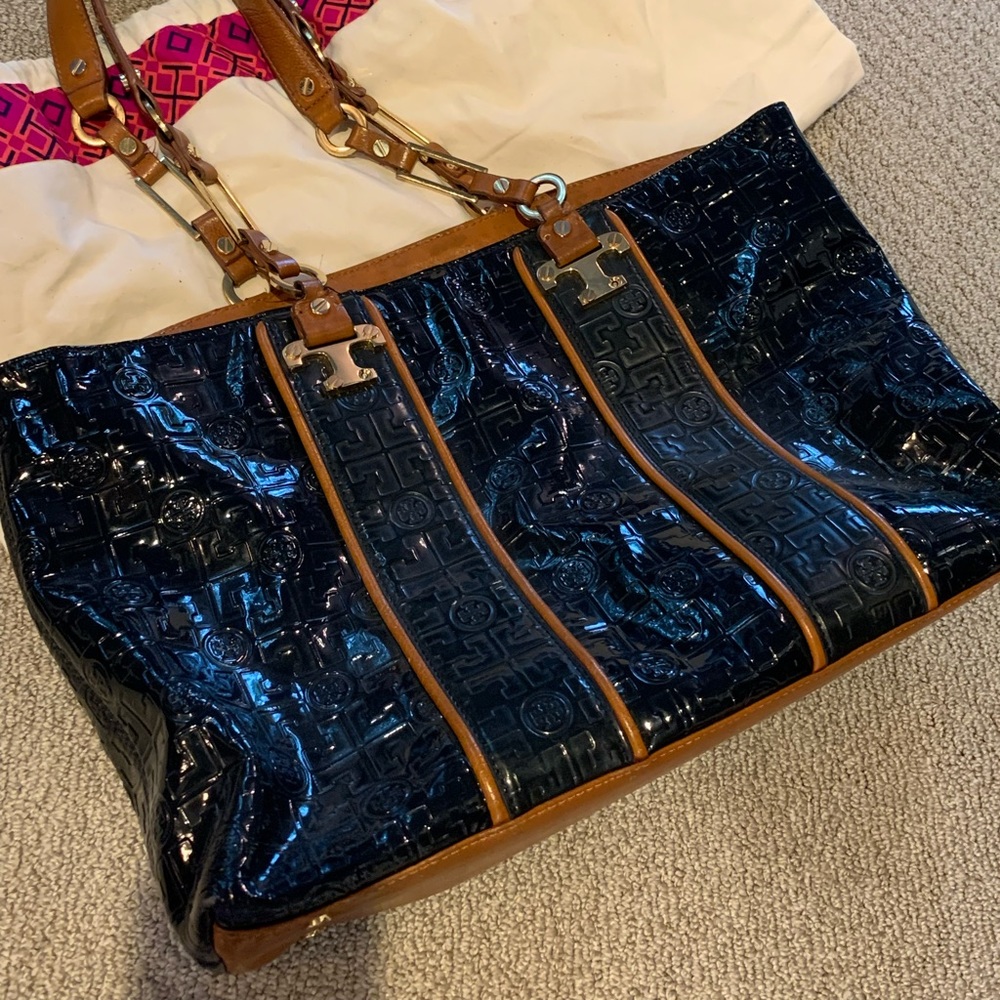 Tory Burch Blue / brown leather tote bag